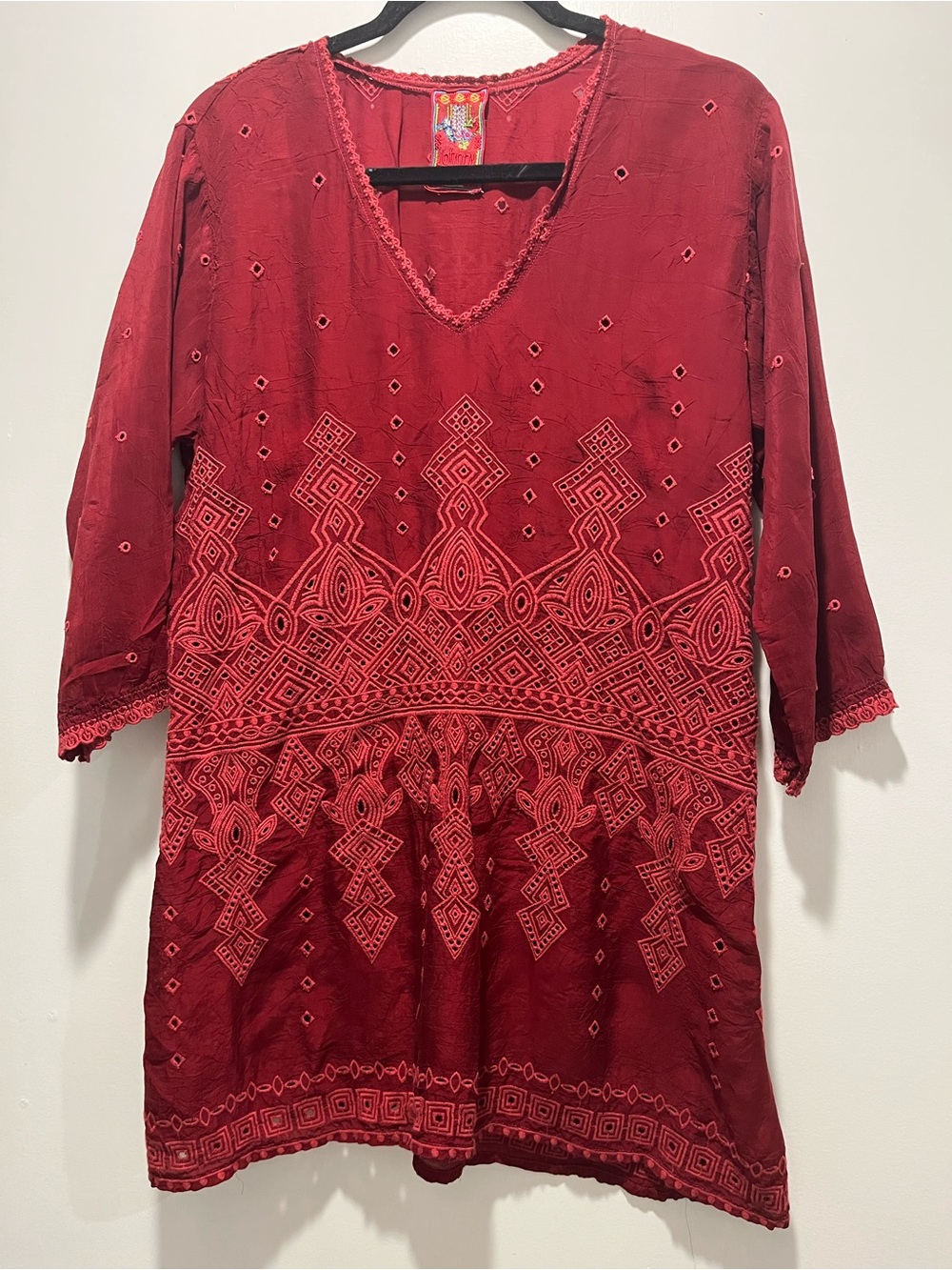 Johnny Was Red Embroidered V-Neck Tunic